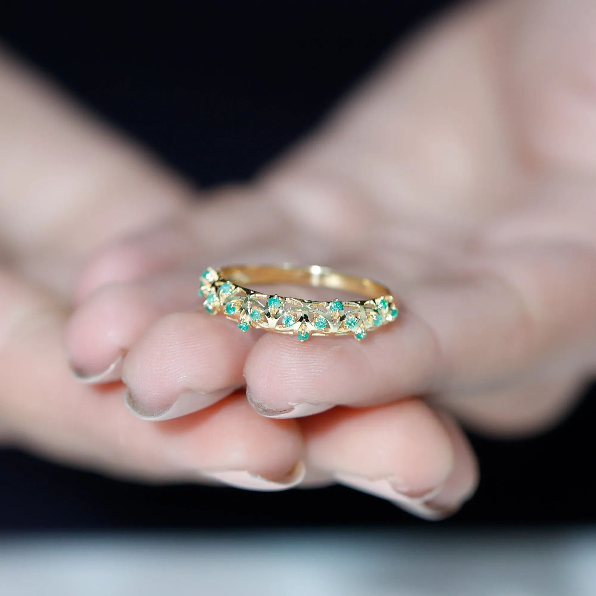 1/2 CT Emerald Filigree Band Ring in Prong Setting
