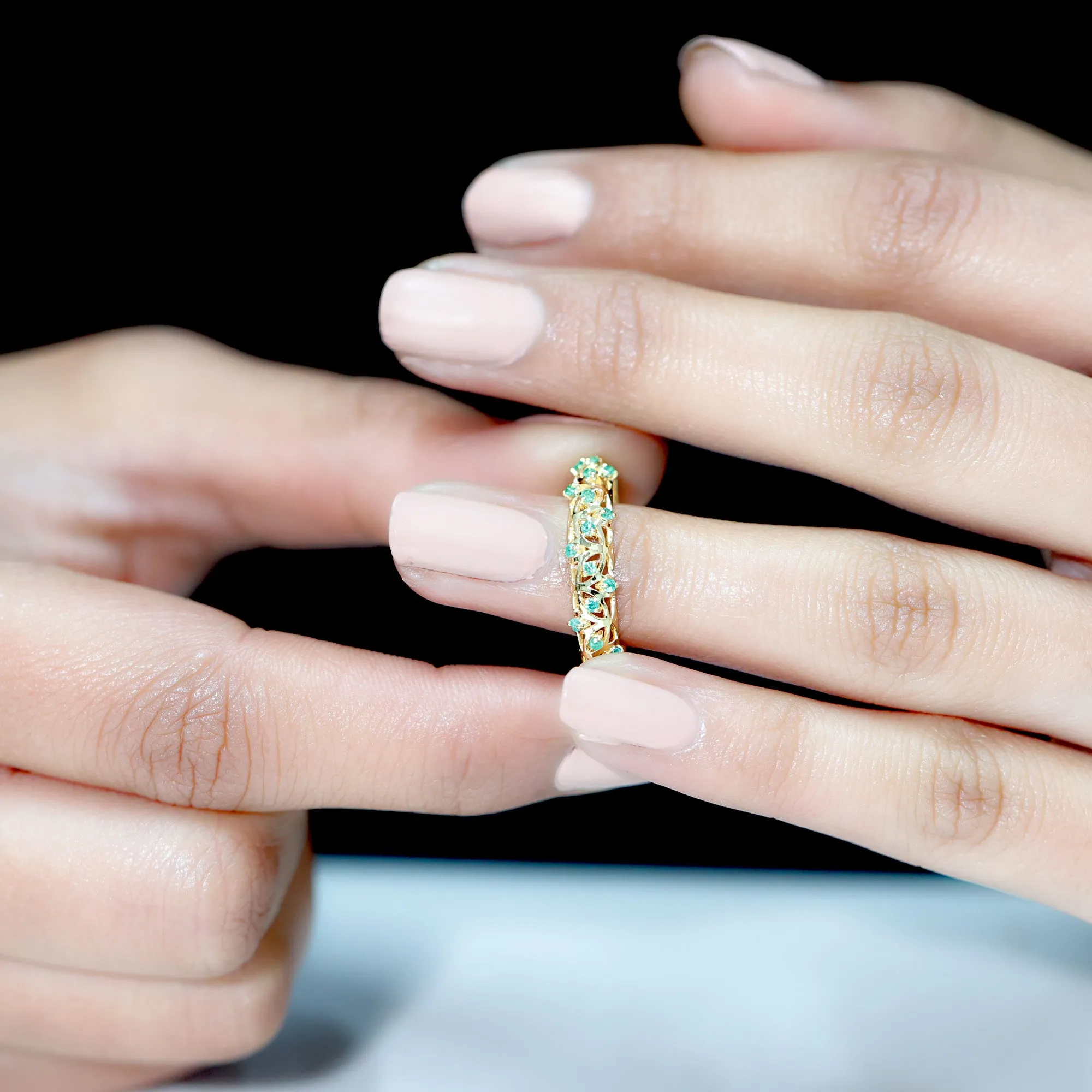 1/2 CT Emerald Filigree Band Ring in Prong Setting