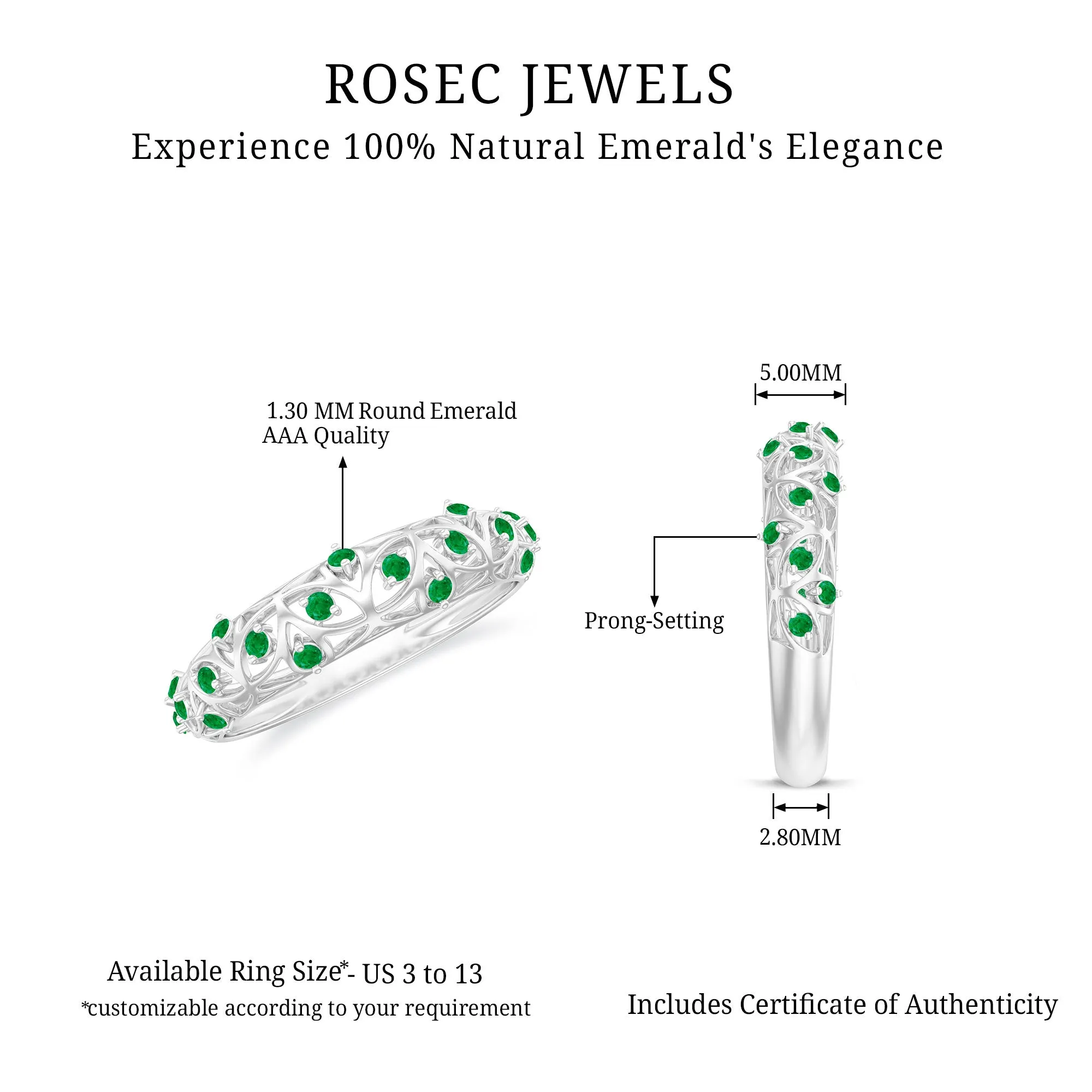 1/2 CT Emerald Filigree Band Ring in Prong Setting
