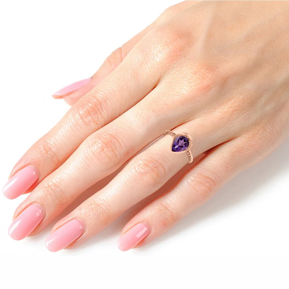 14K Solid Rose Gold Rings w/ Natural Pear Shape Amethyst