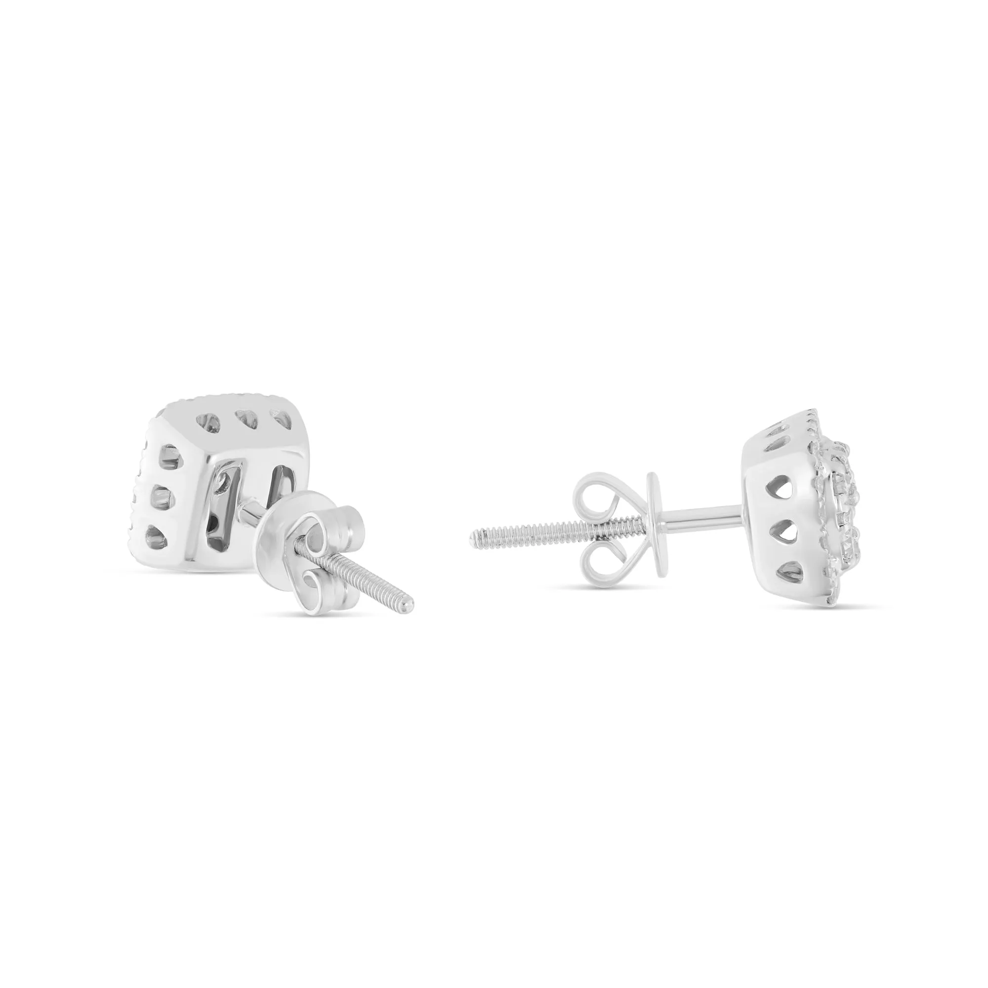 14K White Gold Cushion Cut Diamond Halo Stud Earrings