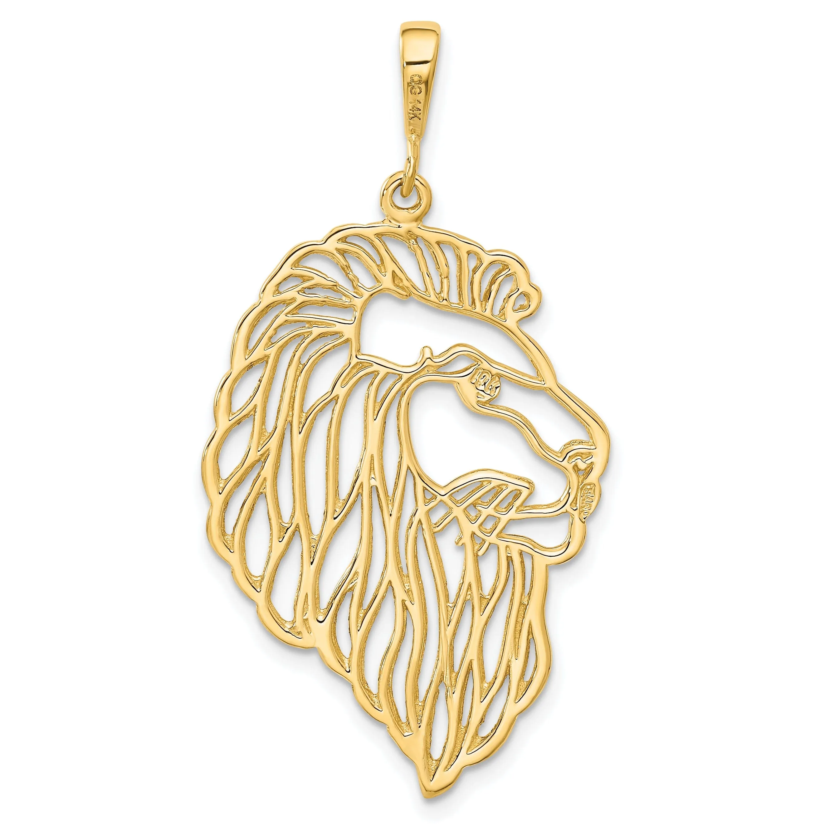 14k Yellow Gold Satin Diamont Cut Finish Filigree Lion Head Design Charm Pendant