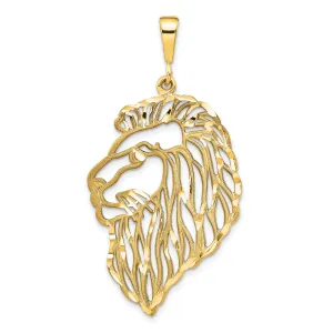 14k Yellow Gold Satin Diamont Cut Finish Filigree Lion Head Design Charm Pendant