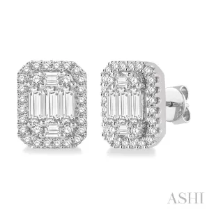 14KW Gold 1.0 CTW Baguette & Round Cut Diamond Stud Earrings