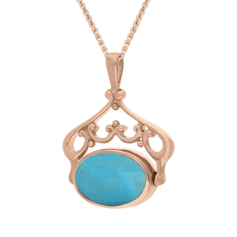 18ct Rose Gold Whitby Jet Turquoise Double Sided Oval Swivel Fob Necklace