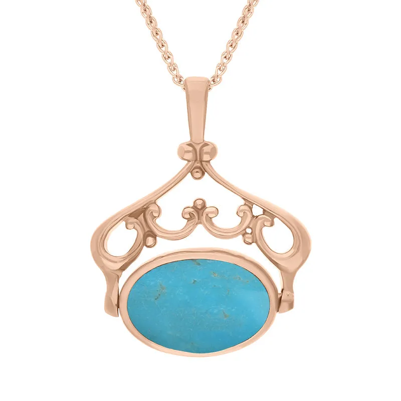 18ct Rose Gold Whitby Jet Turquoise Double Sided Oval Swivel Fob Necklace