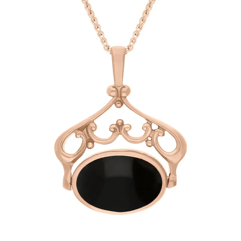 18ct Rose Gold Whitby Jet Turquoise Double Sided Oval Swivel Fob Necklace