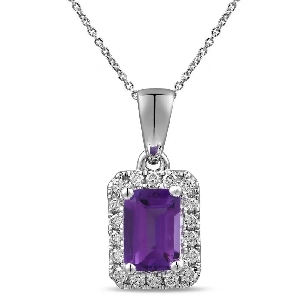 18K White Gold Emerald Cut Amethyst with Diamond Halo Pendant