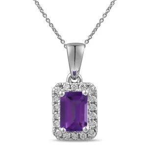 18K White Gold Emerald Cut Amethyst with Diamond Halo Pendant