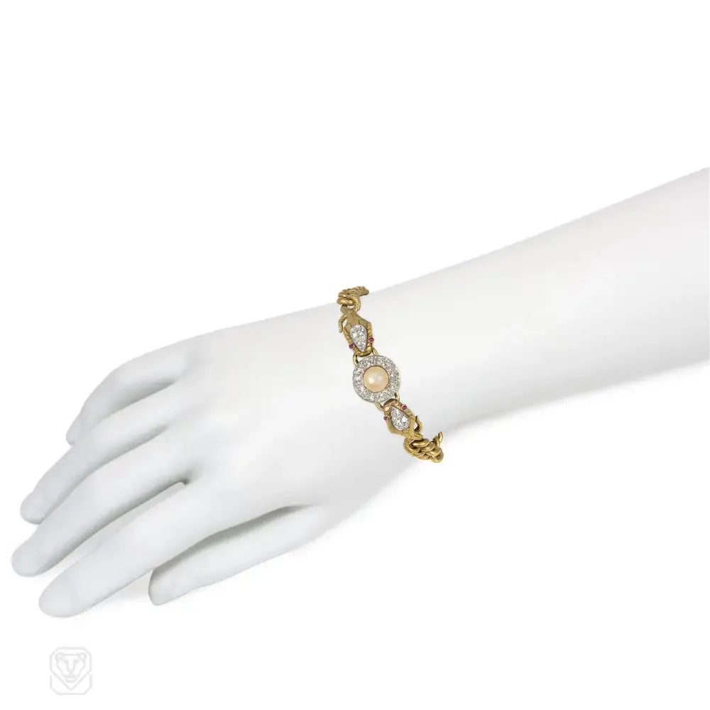 1900s French gold, diamond, and pearl snake bracelet