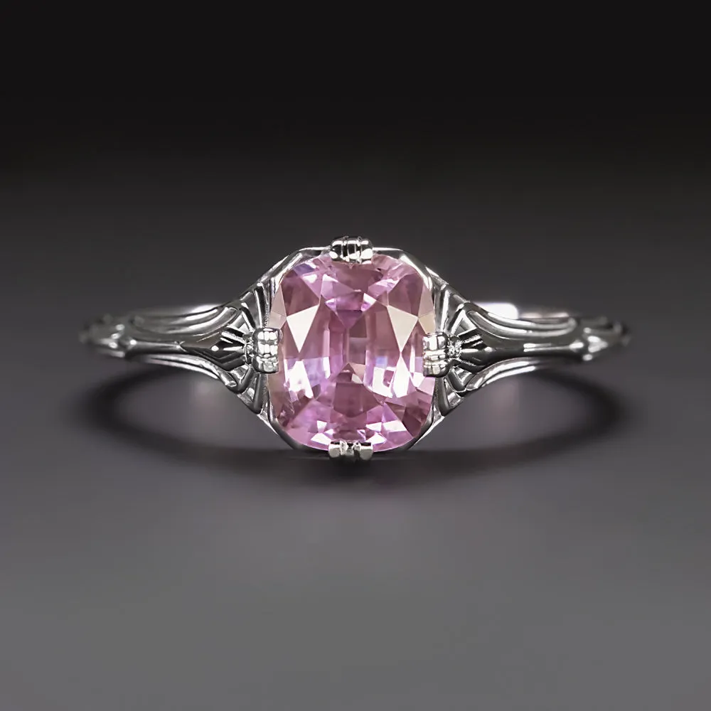 1ct PINK SAPPHIRE VINTAGE STYLE SOLITAIRE RING 14k WHITE GOLD FILIGREE NATURAL