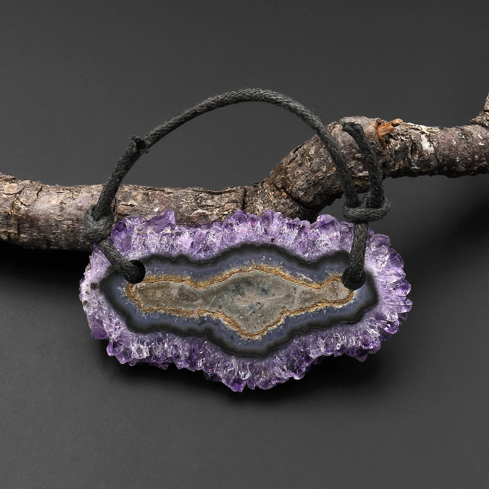 2 Hole Pendant Natural Amethyst Stalactite Flower Pendant Flat Slice Freeform One of a Kind P0127