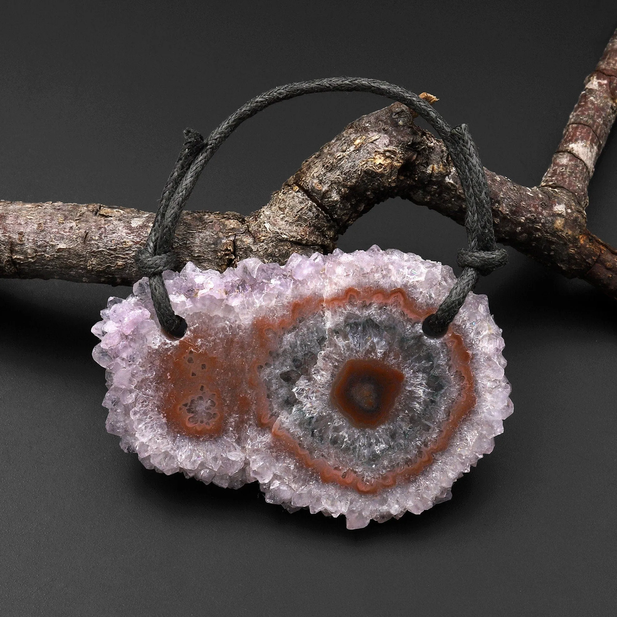 2 Hole Pendant Natural Amethyst Stalactite Flower Pendant Flat Slice Freeform One of a Kind P0132