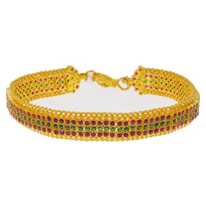 22K Yellow Gold Adjustable Bracelet W/ Bezel Set Rubies & Emeralds