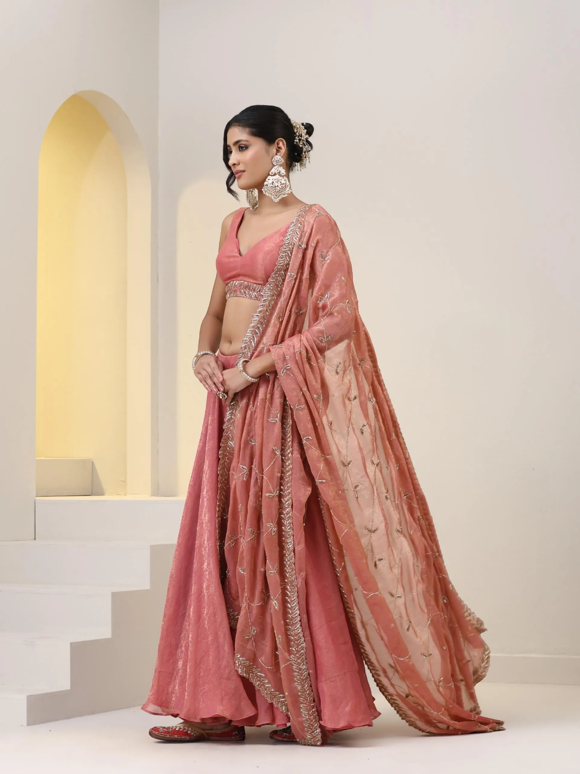 3 pc SET - Pink Paisley Sharara Lehenga with Cut Dana Embroidery on Blouse Fabric and Dupatta