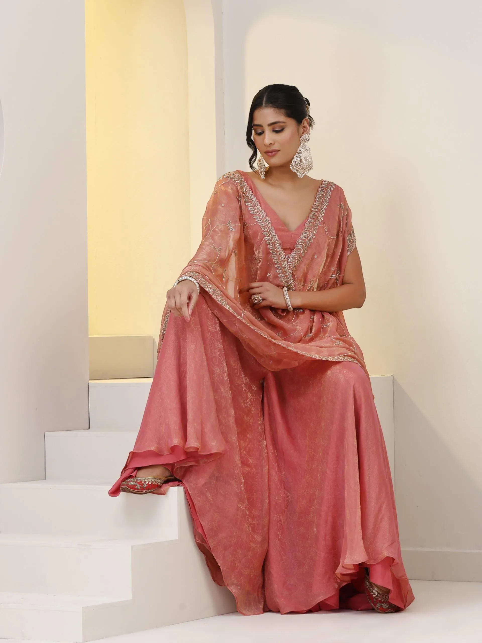 3 pc SET - Pink Paisley Sharara Lehenga with Cut Dana Embroidery on Blouse Fabric and Dupatta