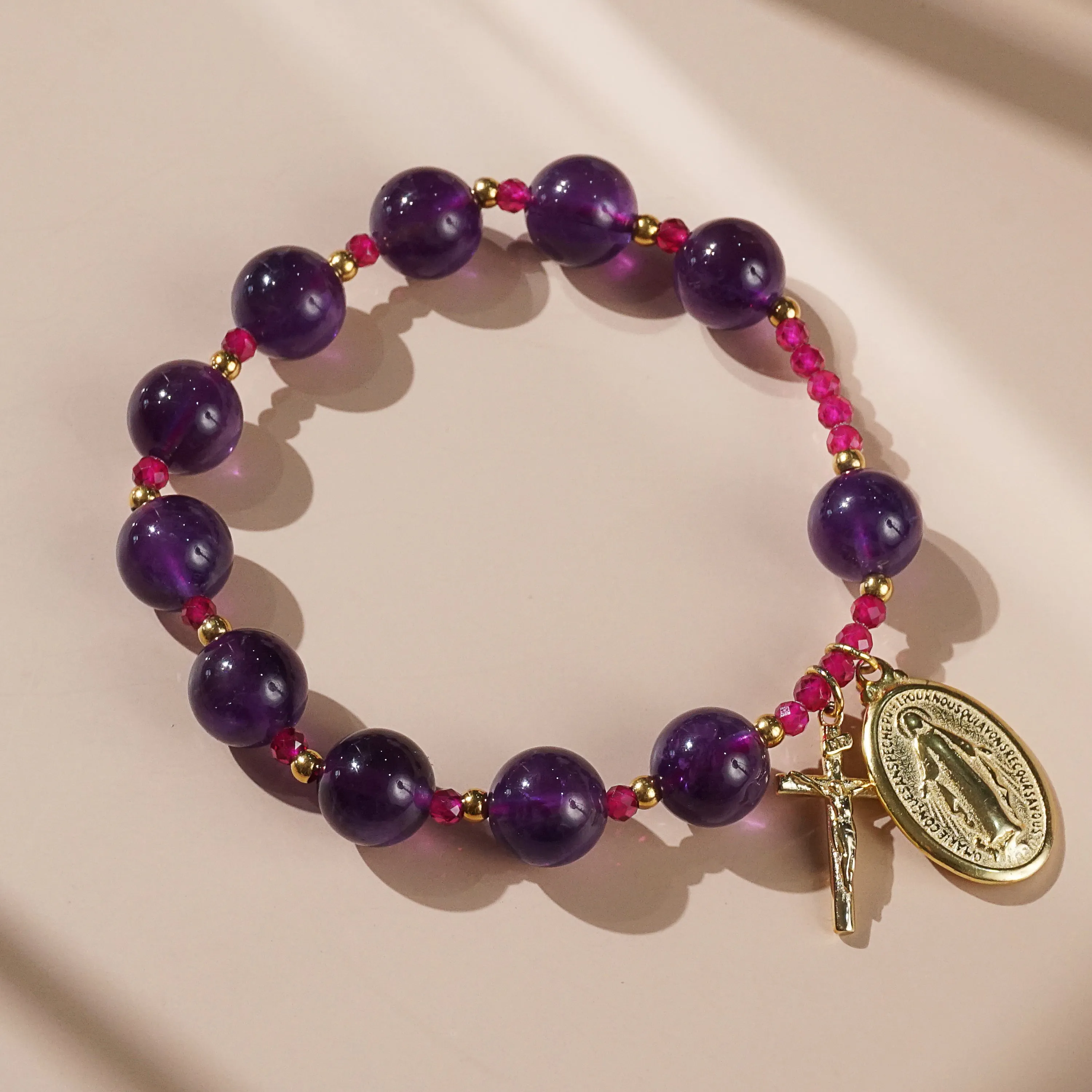Amethyst 10mm and Gem-Grade Ruby Faceted 4mm