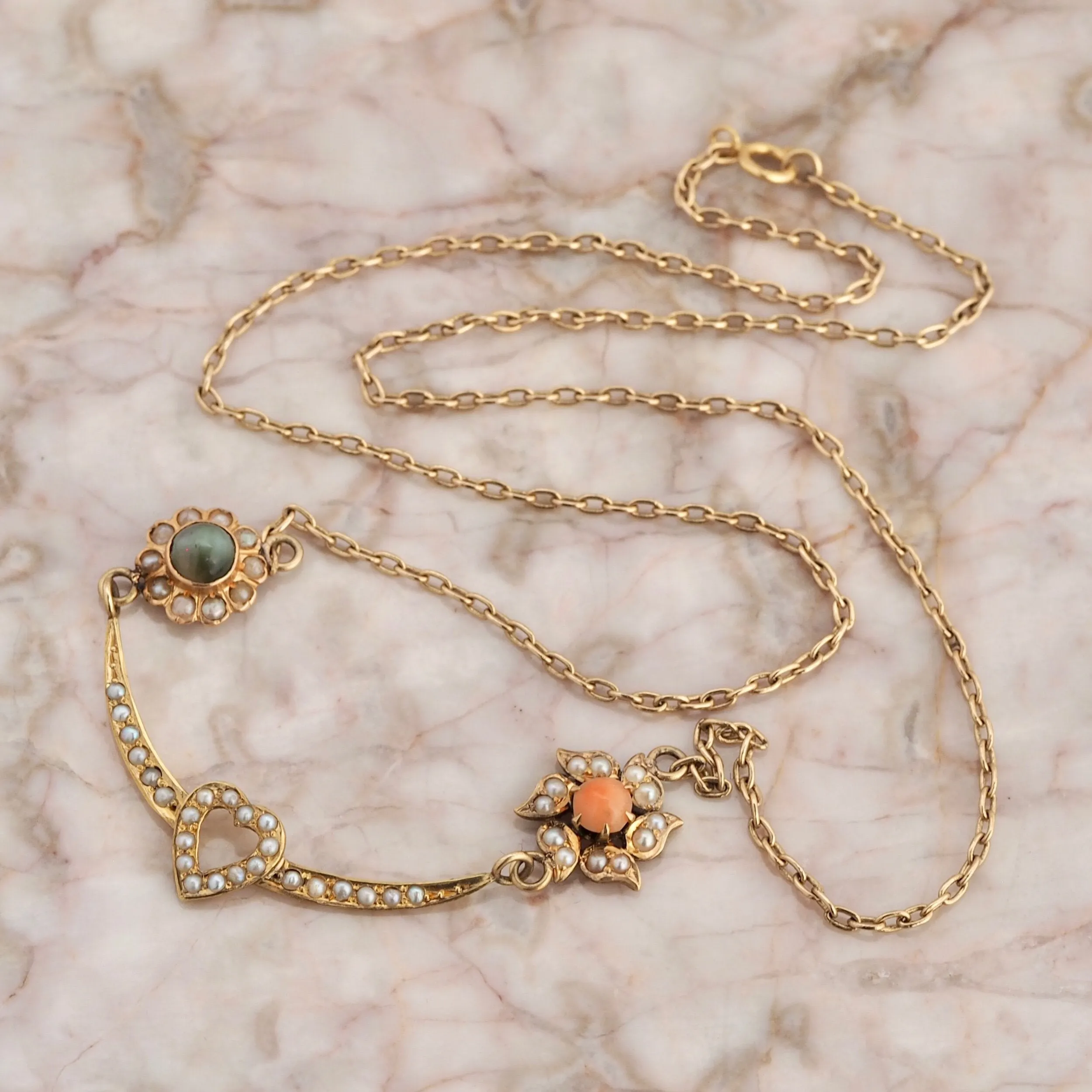 Antique Edwardian 14k Gold Coral, Chrysoberyl and Pearl Heart Necklace