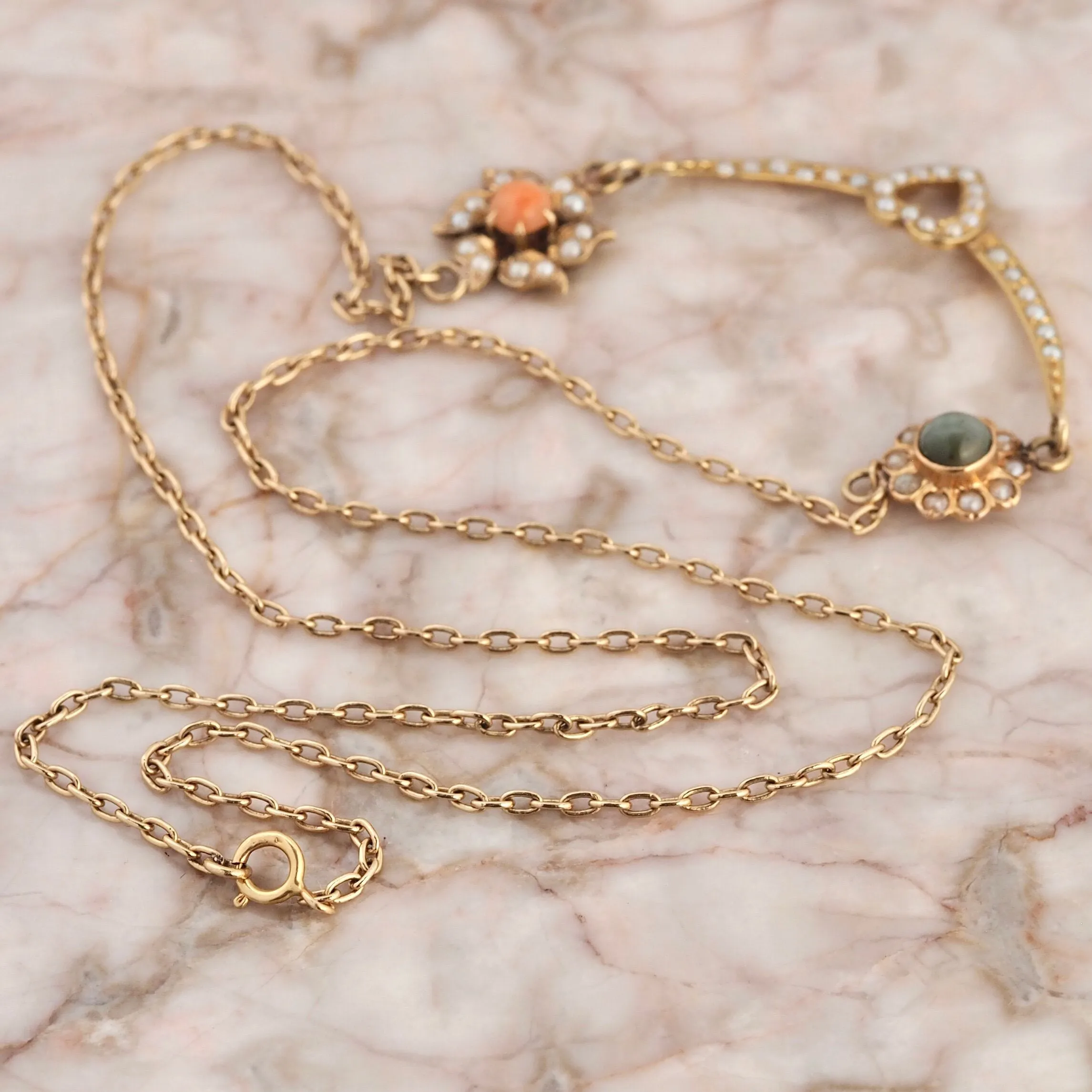 Antique Edwardian 14k Gold Coral, Chrysoberyl and Pearl Heart Necklace