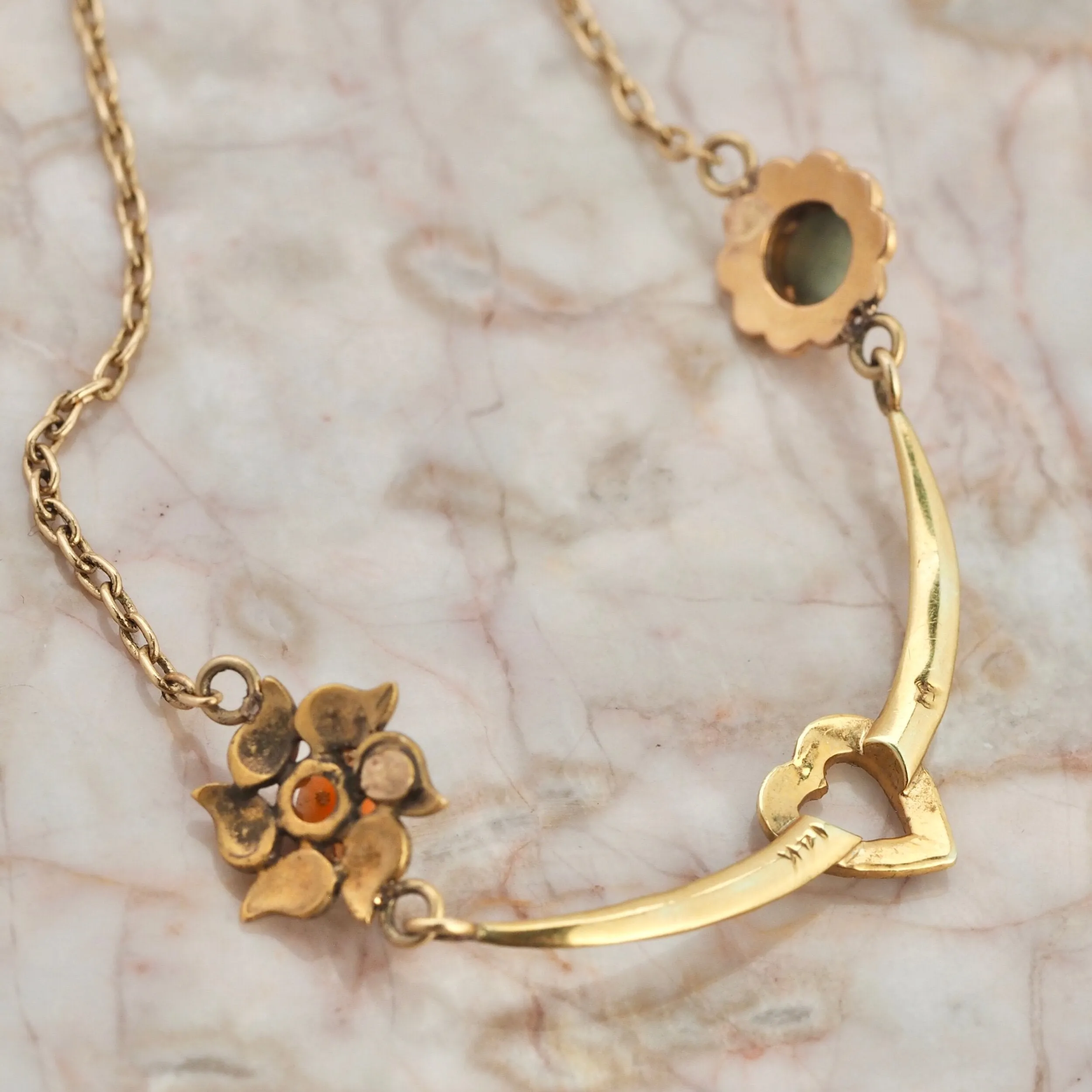 Antique Edwardian 14k Gold Coral, Chrysoberyl and Pearl Heart Necklace