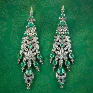Antique Georgian Emerald Diamond Chandelier Earrings 5ct Of Emerald