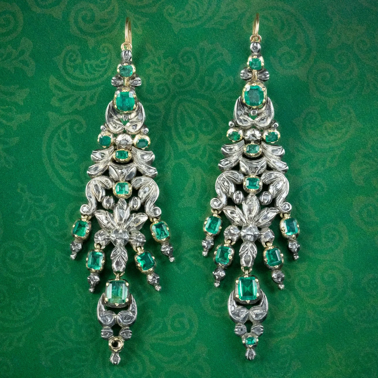 Antique Georgian Emerald Diamond Chandelier Earrings 5ct Of Emerald
