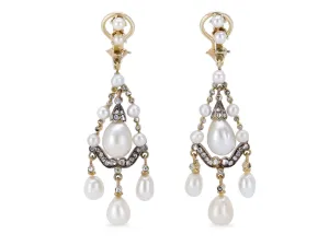 Antique Victorian Natural Pearl, Cultured Pearl and Diamond Earrings in Silver and Gold