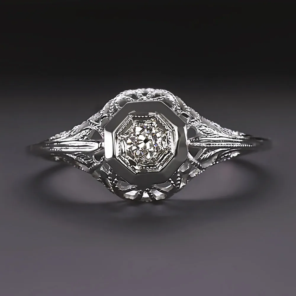 ART DECO DIAMOND RING OLD EUROPEAN CUT I SI2 VINTAGE FILIGREE 18k WHITE GOLD