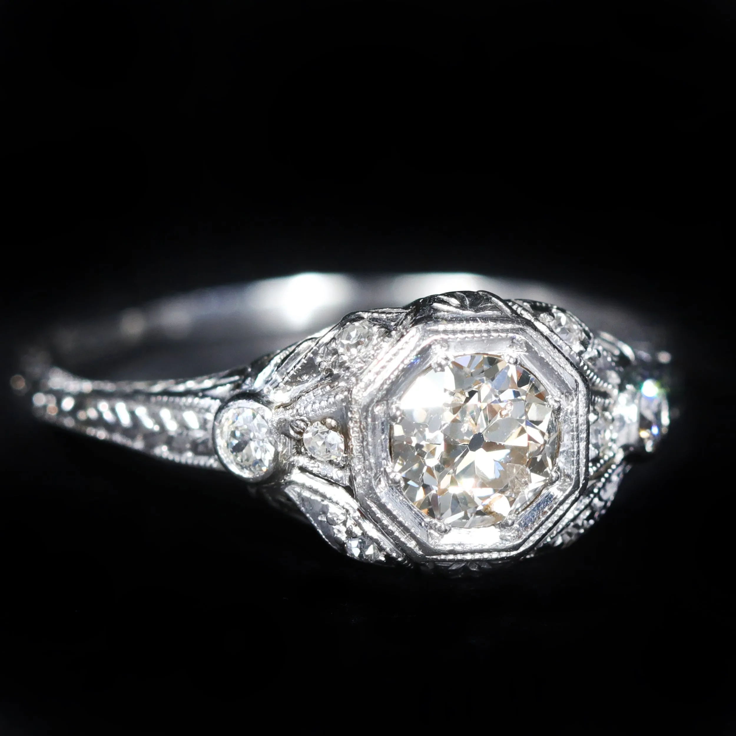 Art Deco Platinum 0.55 Carat Old European Cut Diamond Engagement Ring