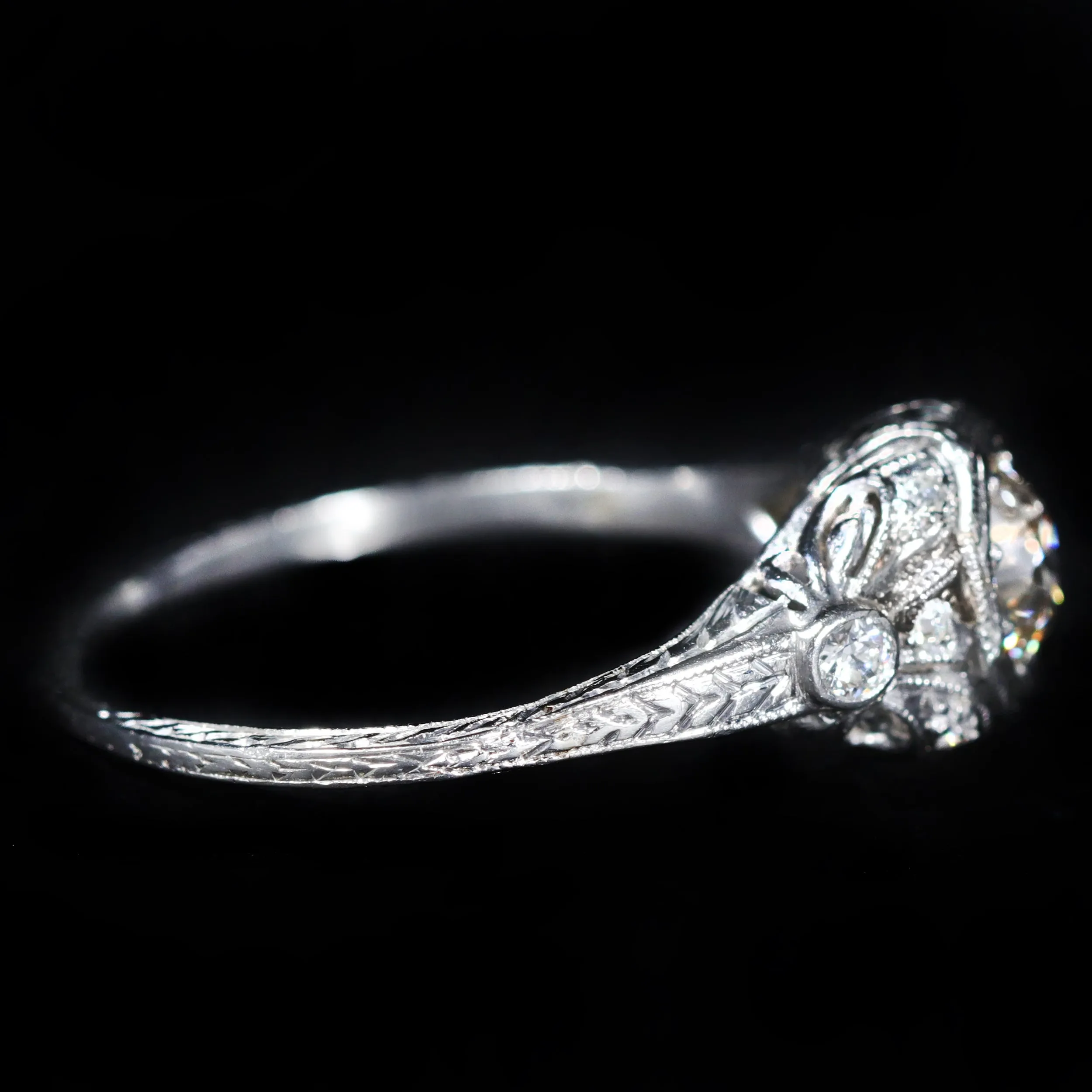 Art Deco Platinum 0.55 Carat Old European Cut Diamond Engagement Ring