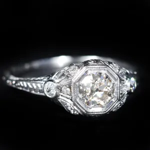 Art Deco Platinum 0.55 Carat Old European Cut Diamond Engagement Ring