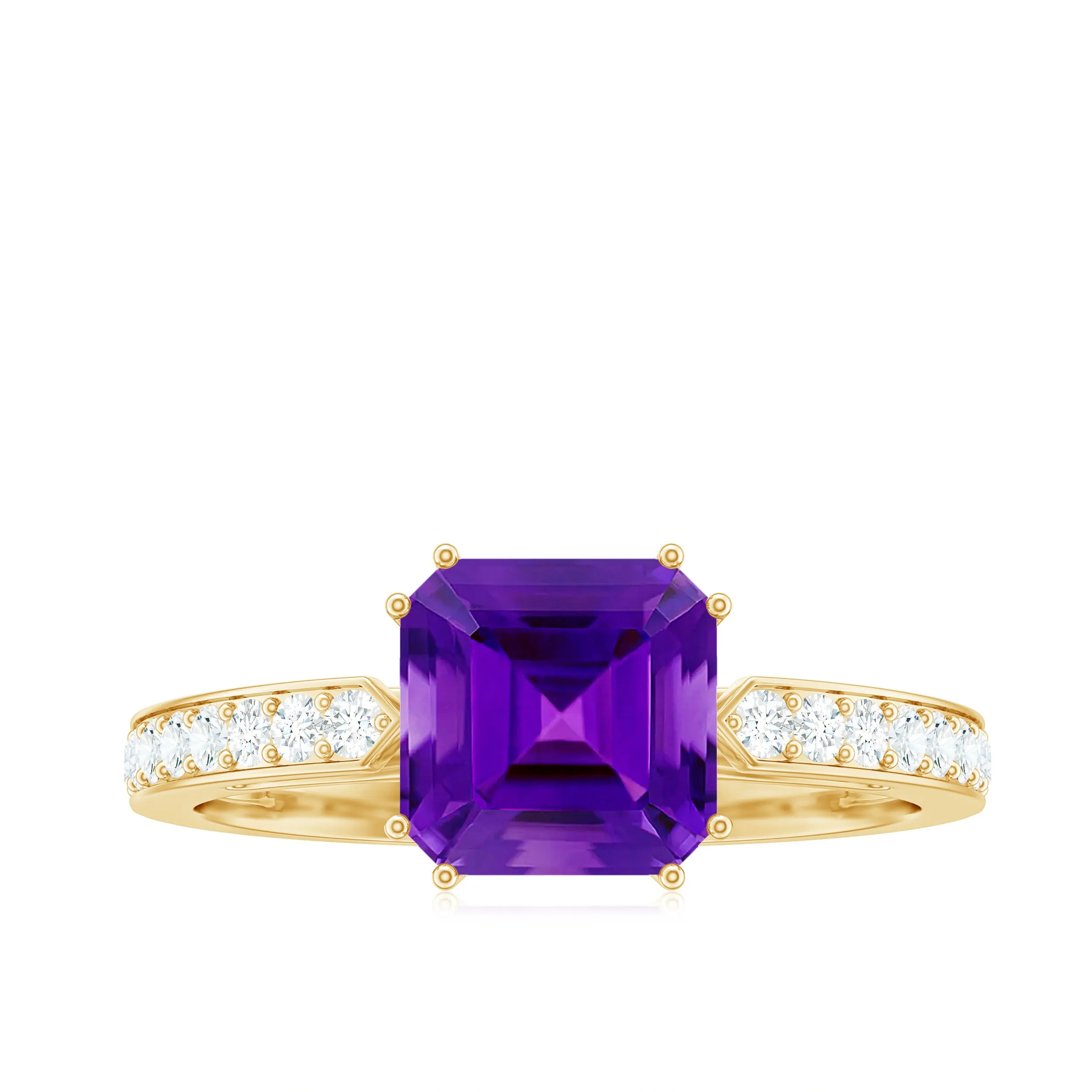 Asscher Cut Amethyst Solitaire Ring with Diamond Side Stones