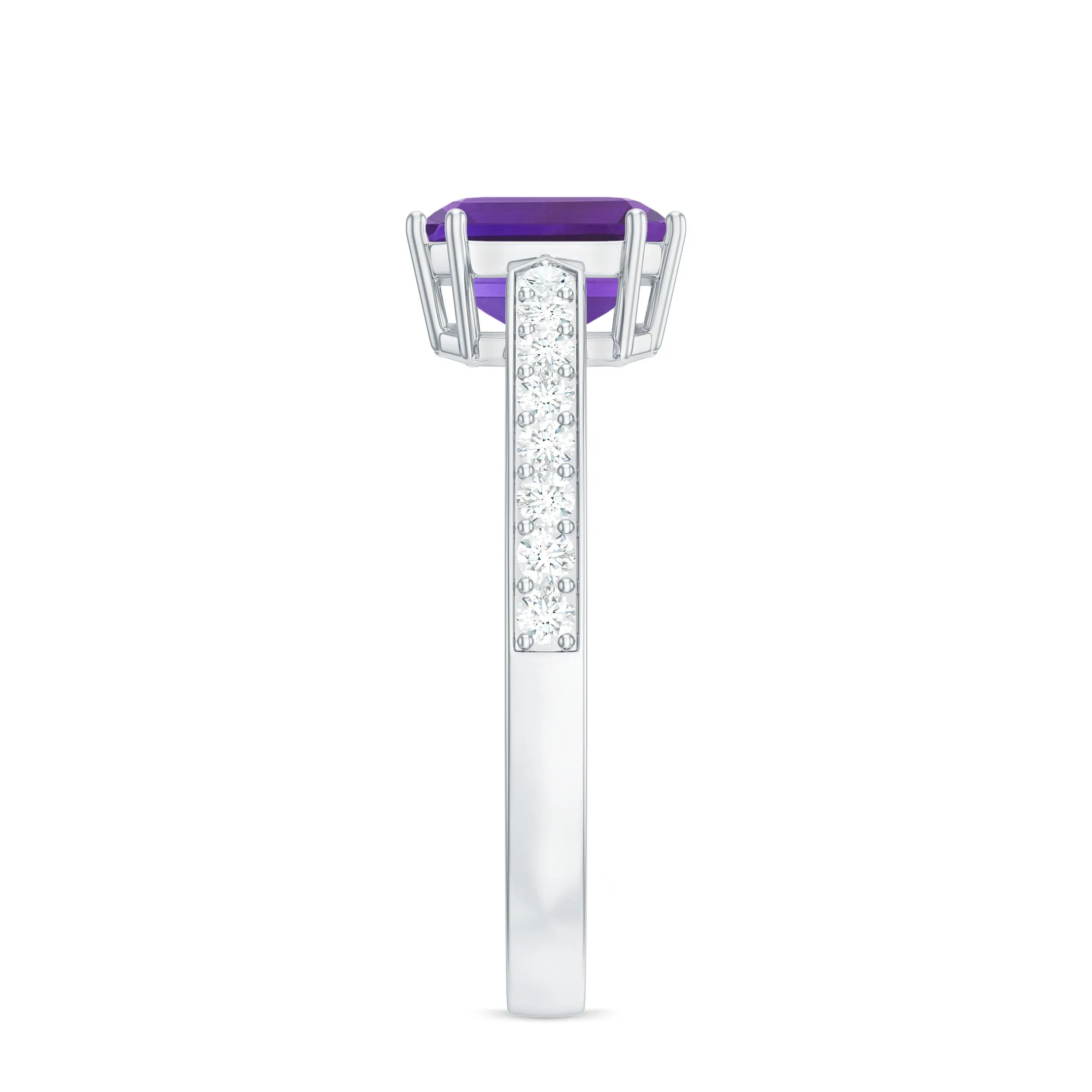 Asscher Cut Amethyst Solitaire Ring with Diamond Side Stones