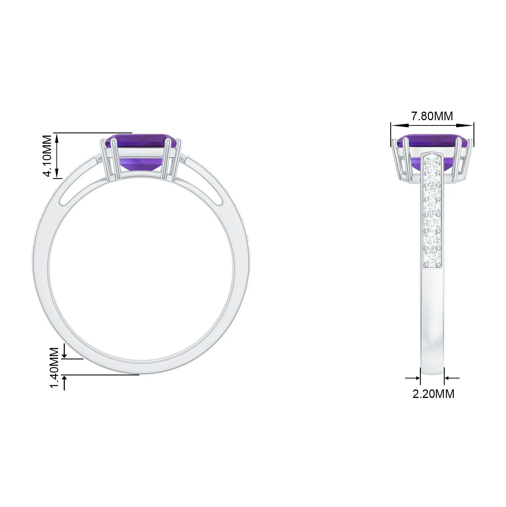 Asscher Cut Amethyst Solitaire Ring with Diamond Side Stones