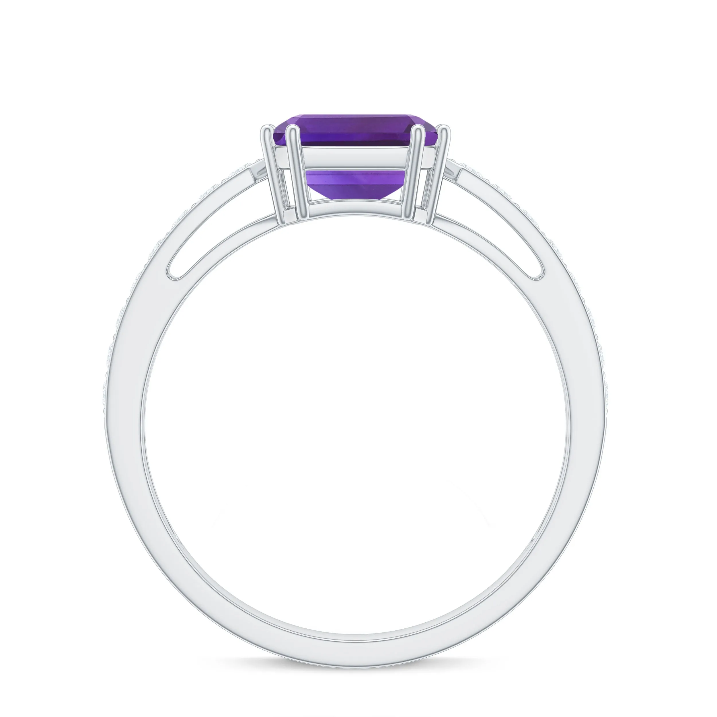 Asscher Cut Amethyst Solitaire Ring with Diamond Side Stones
