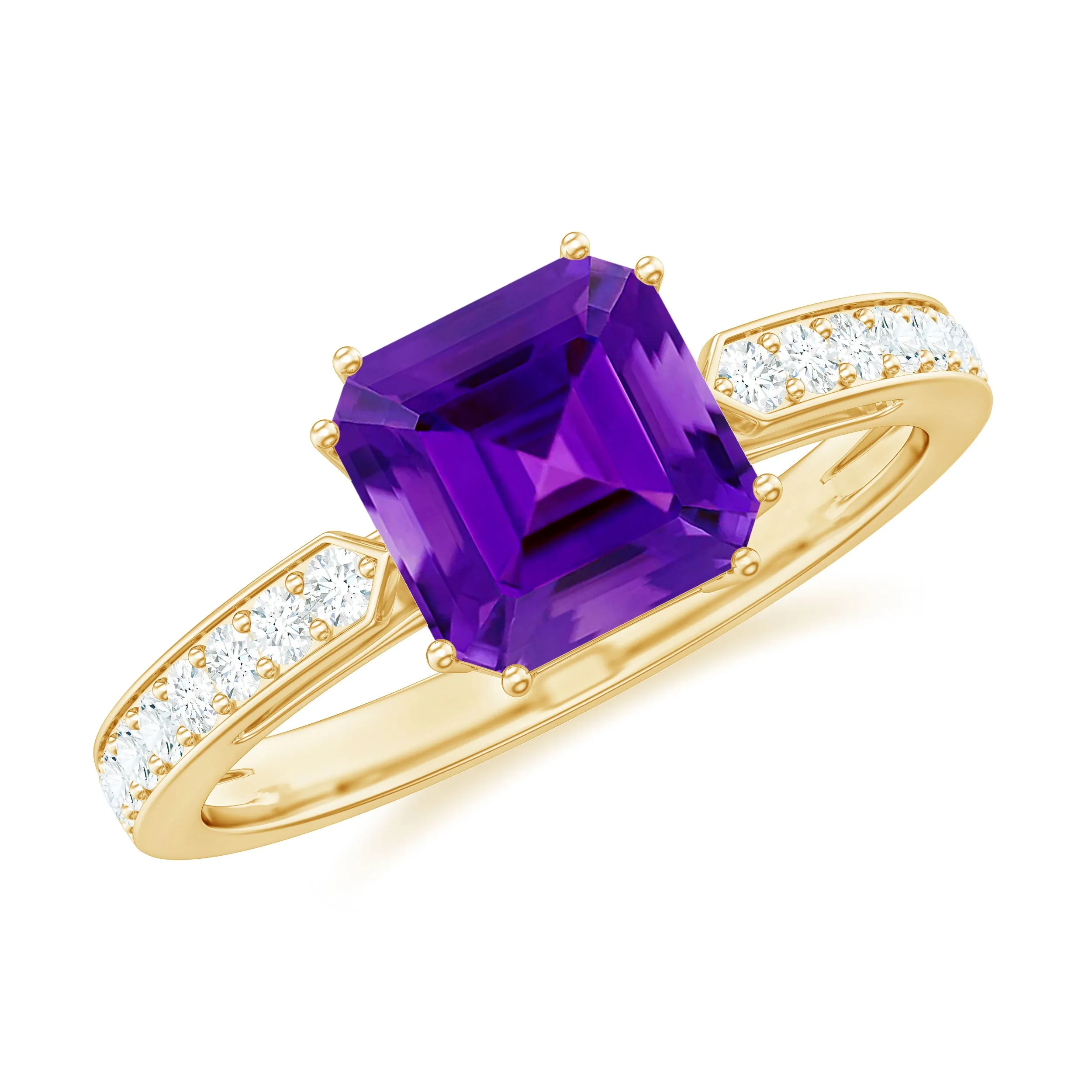 Asscher Cut Amethyst Solitaire Ring with Diamond Side Stones