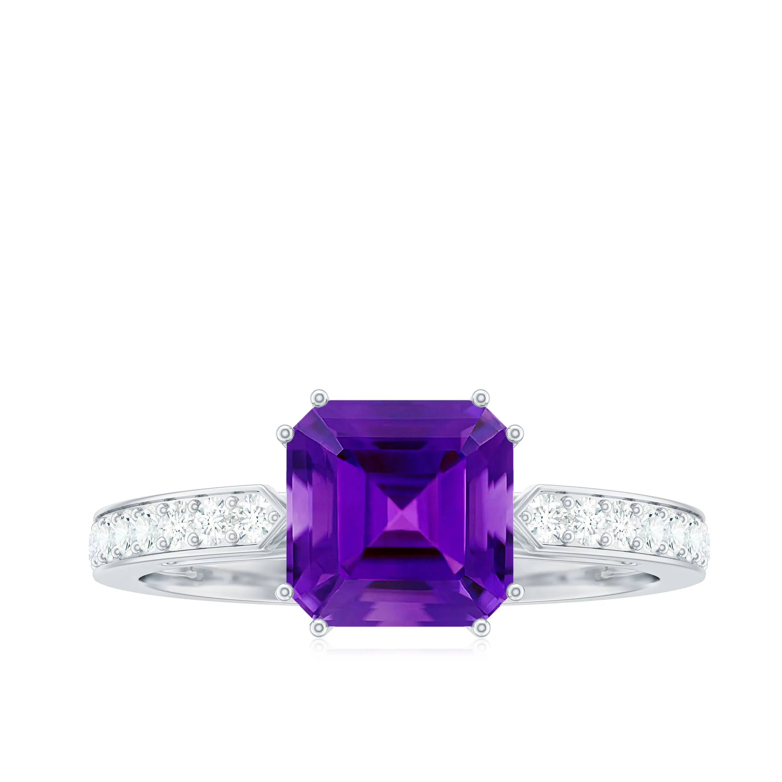Asscher Cut Amethyst Solitaire Ring with Diamond Side Stones