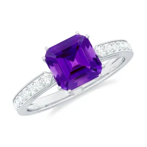 Asscher Cut Amethyst Solitaire Ring with Diamond Side Stones