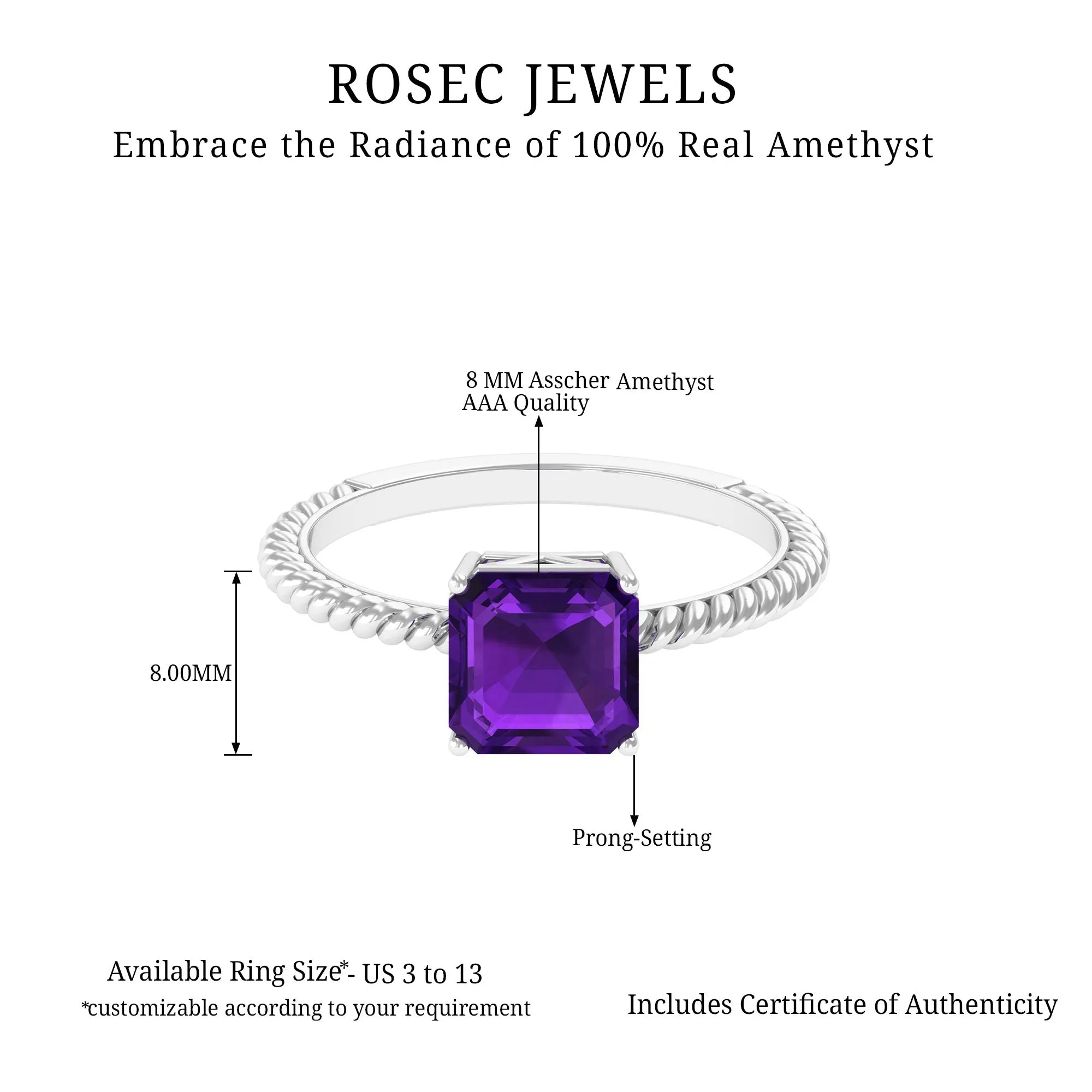 Asscher Cut Amethyst Solitaire Ring with Twisted Rope Details