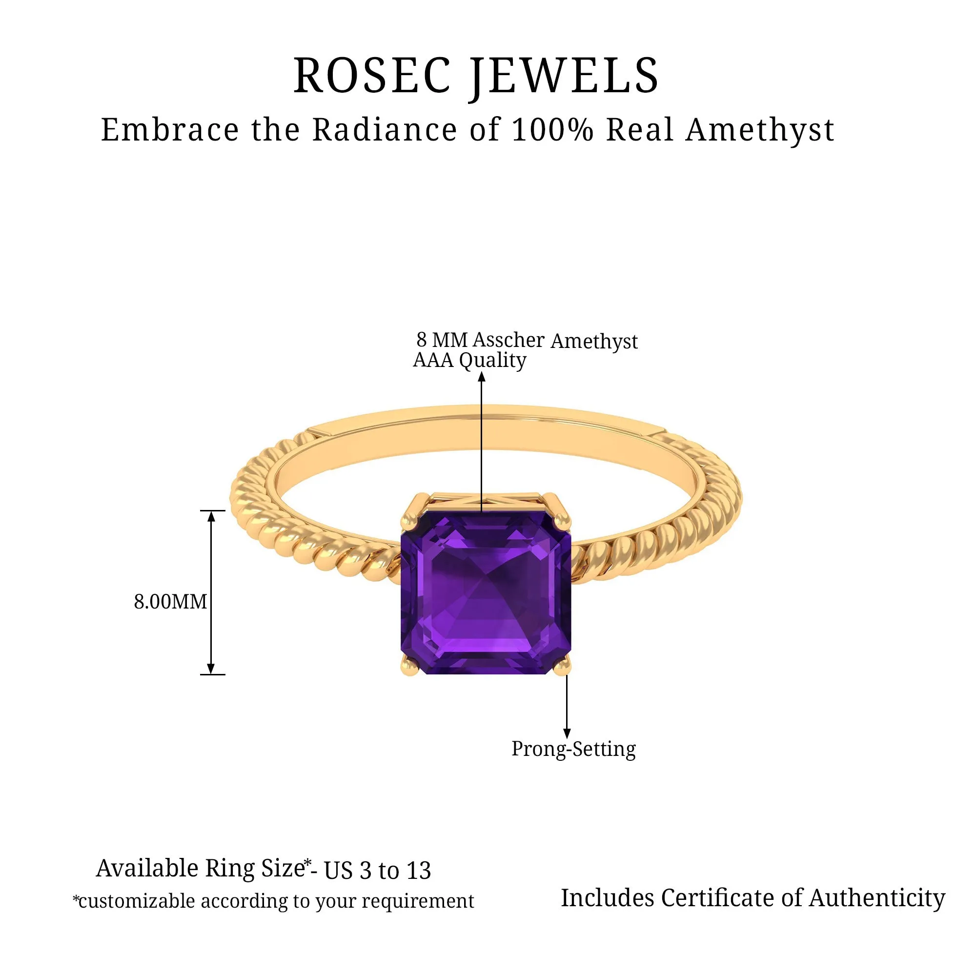 Asscher Cut Amethyst Solitaire Ring with Twisted Rope Details
