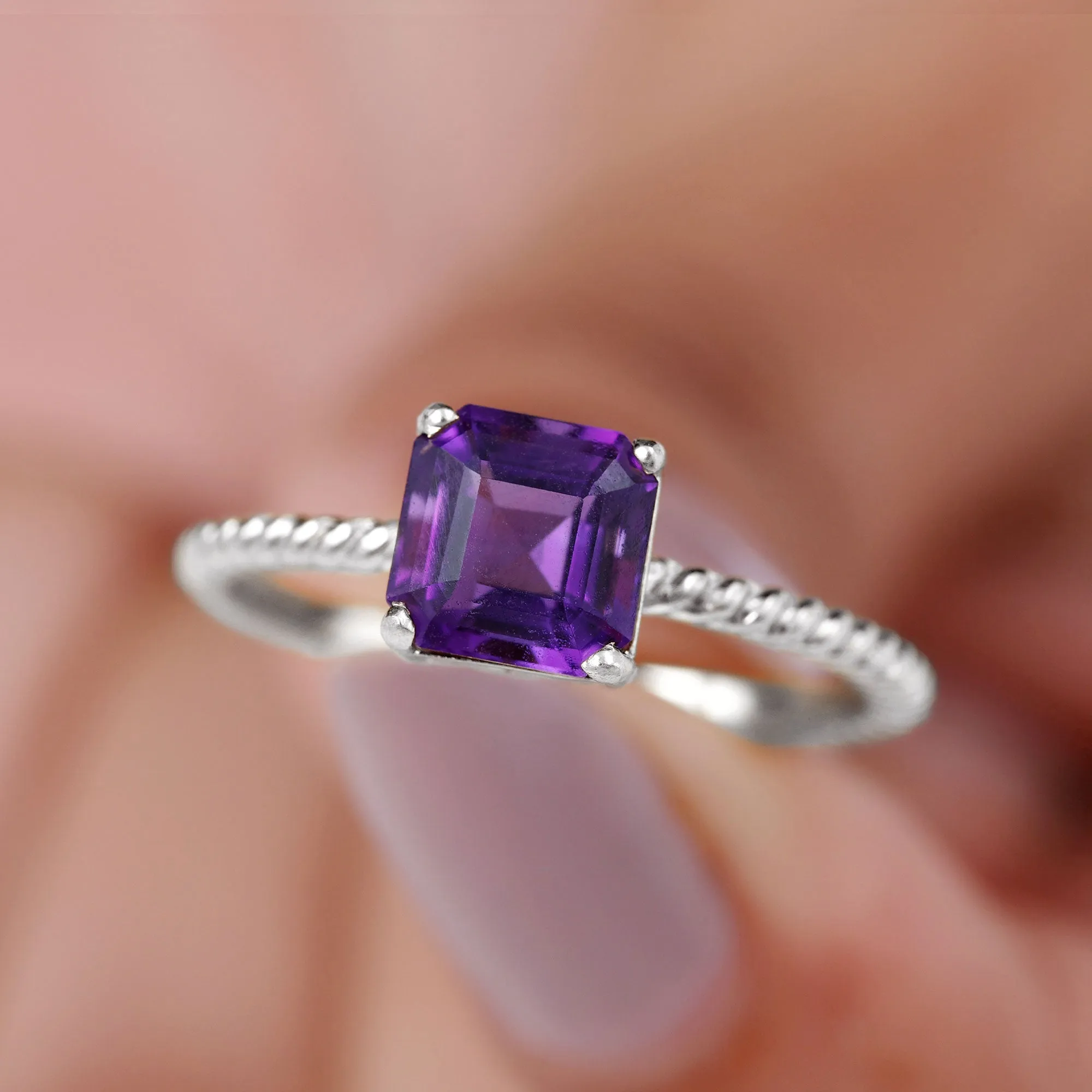 Asscher Cut Amethyst Solitaire Ring with Twisted Rope Details