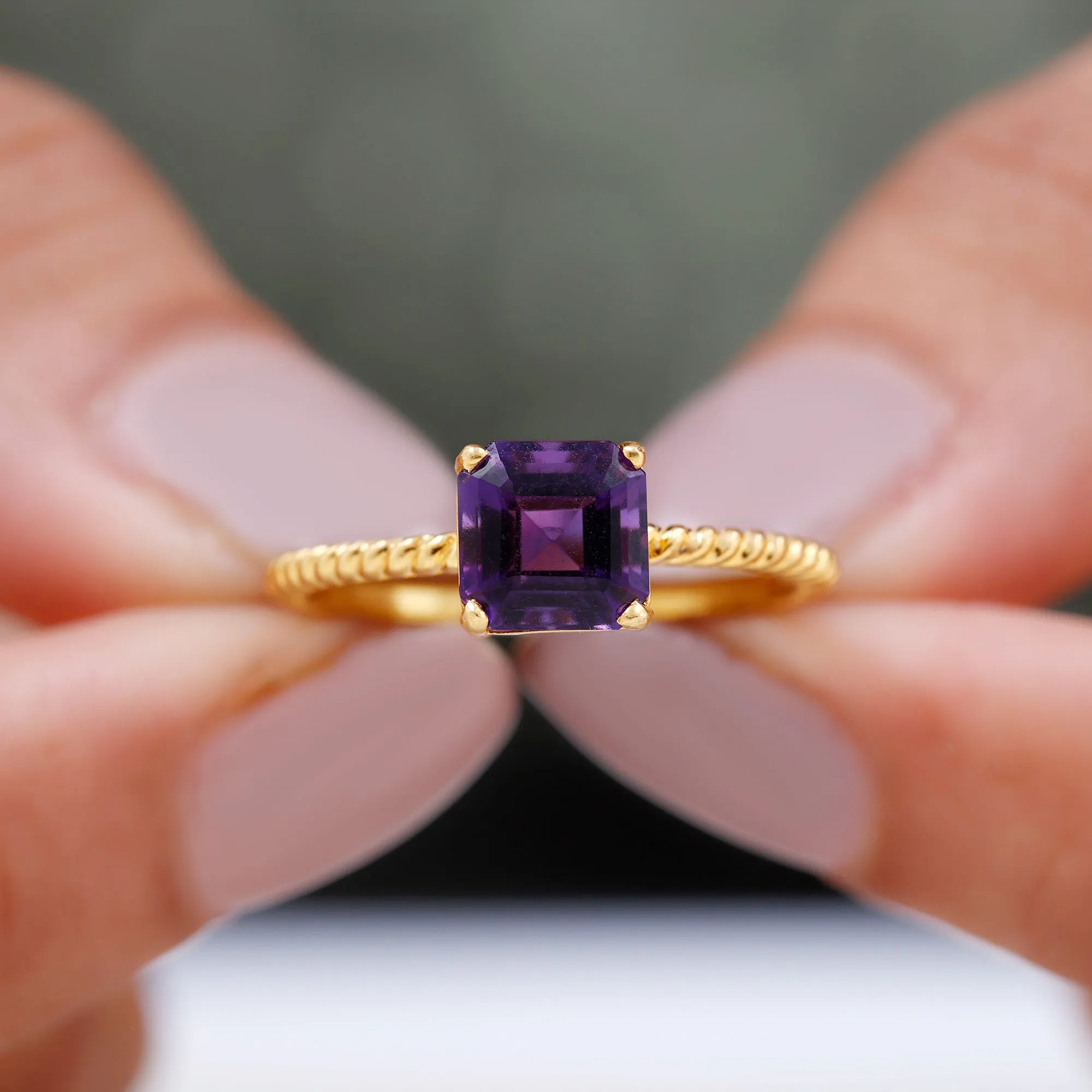 Asscher Cut Amethyst Solitaire Ring with Twisted Rope Details