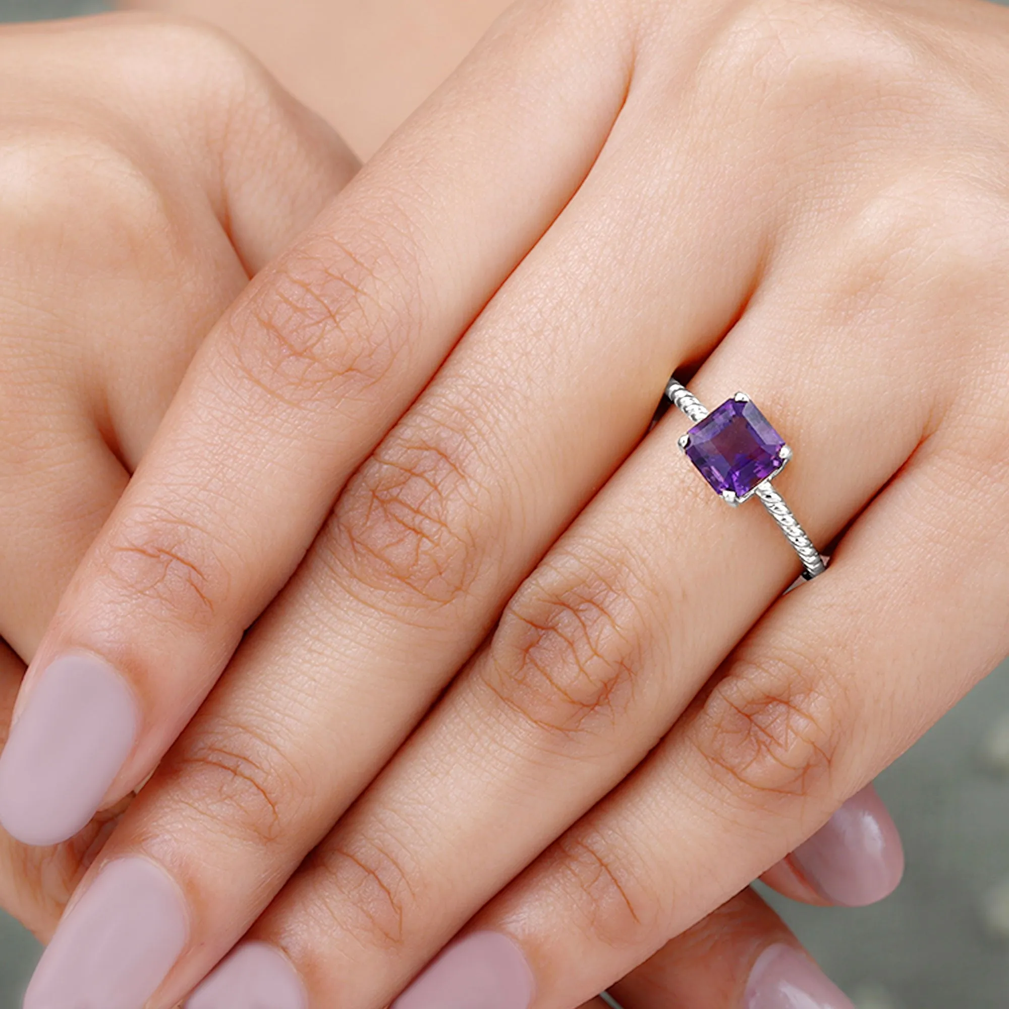 Asscher Cut Amethyst Solitaire Ring with Twisted Rope Details