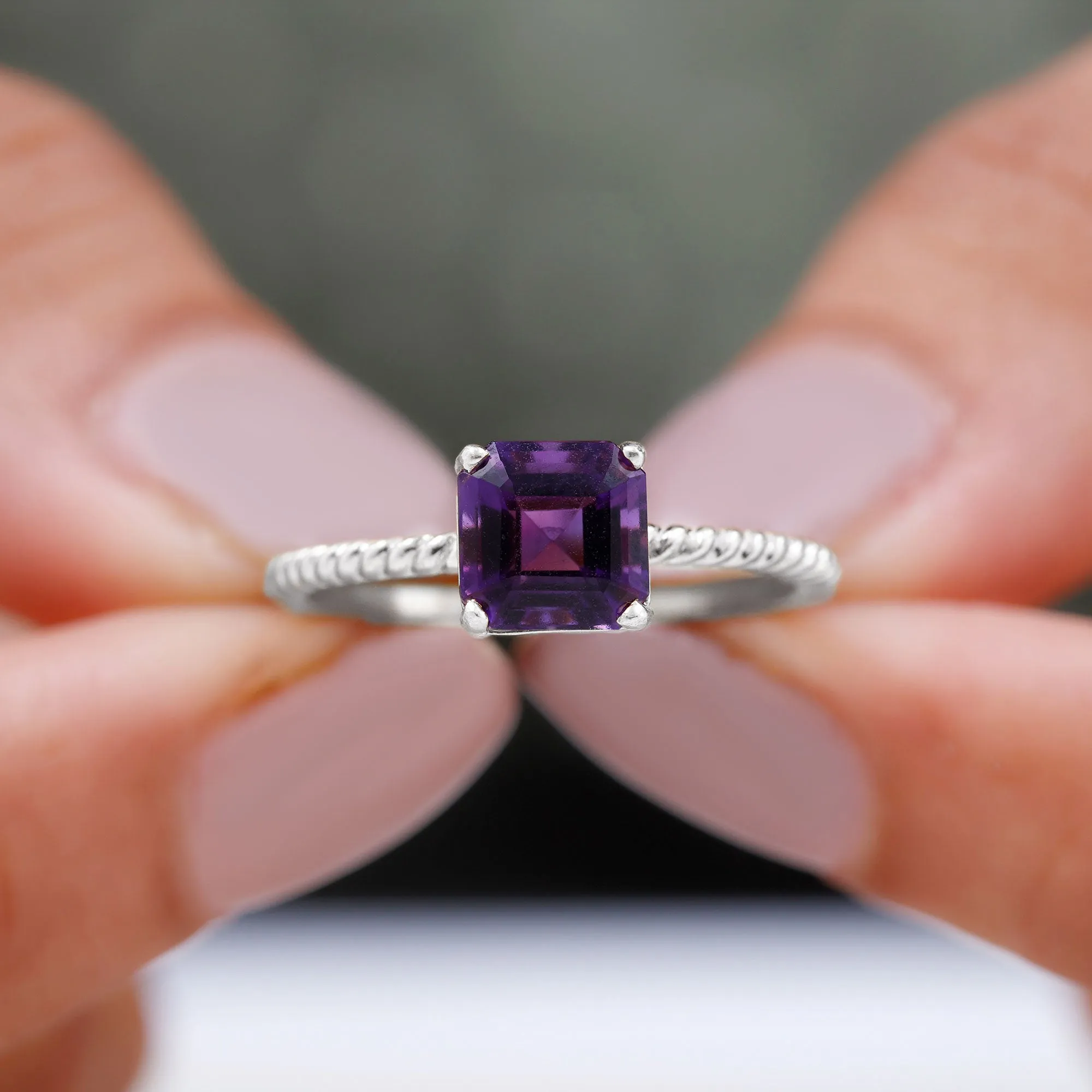 Asscher Cut Amethyst Solitaire Ring with Twisted Rope Details