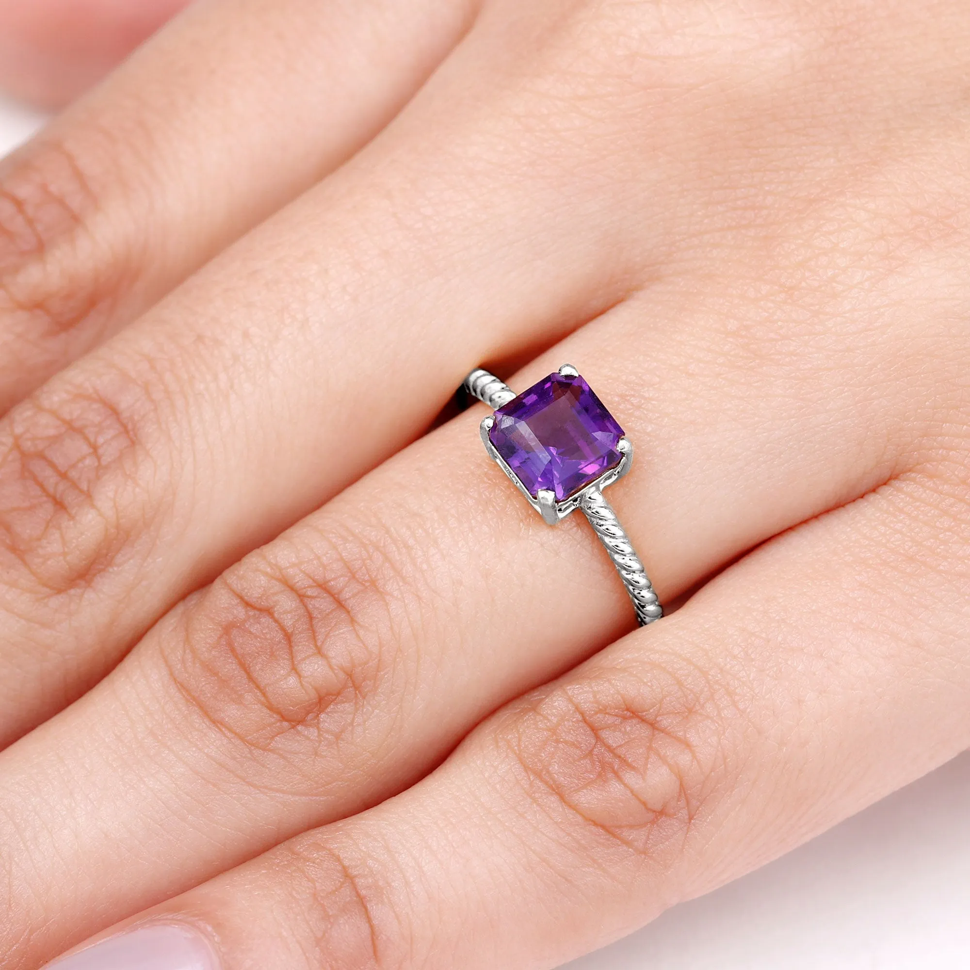 Asscher Cut Amethyst Solitaire Ring with Twisted Rope Details