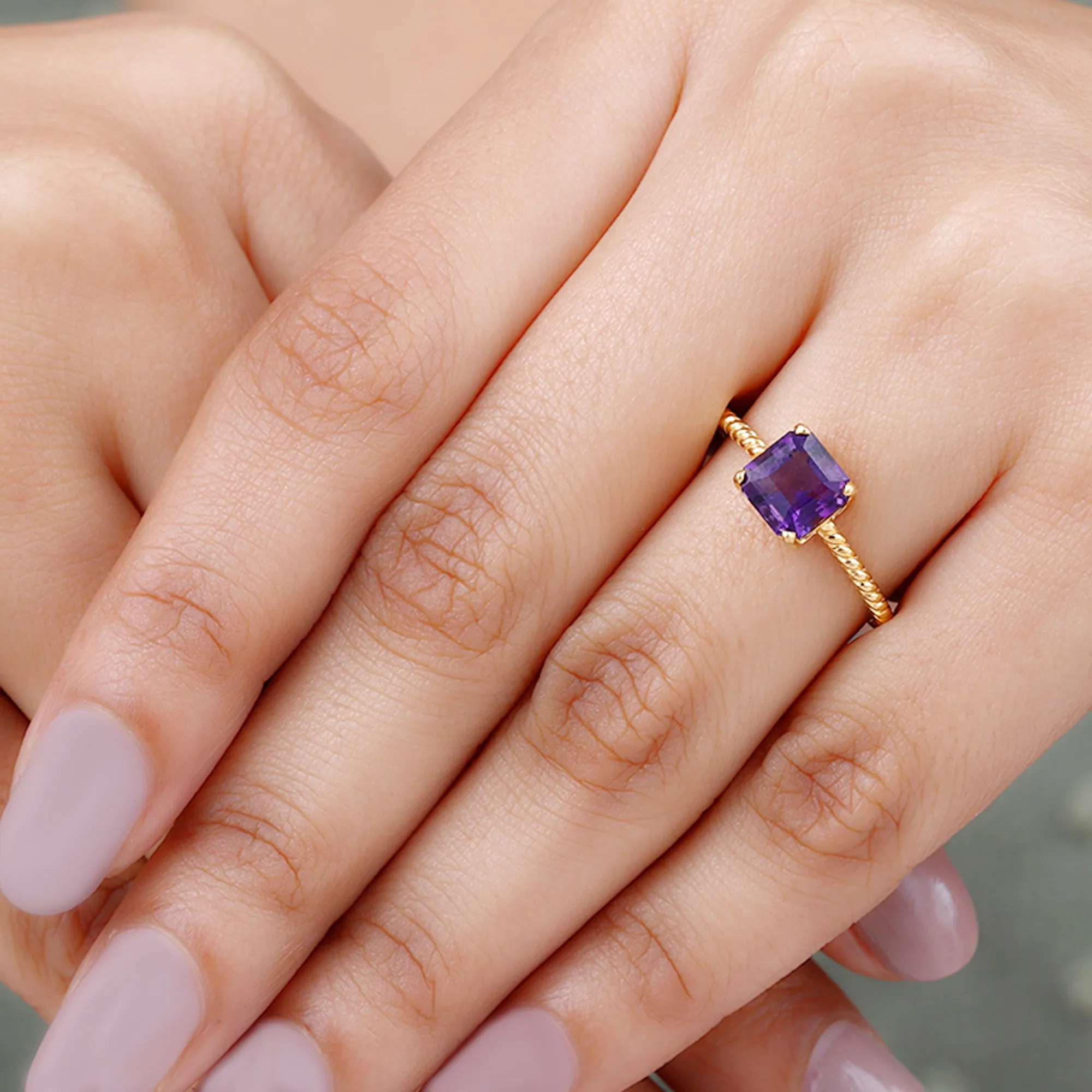 Asscher Cut Amethyst Solitaire Ring with Twisted Rope Details