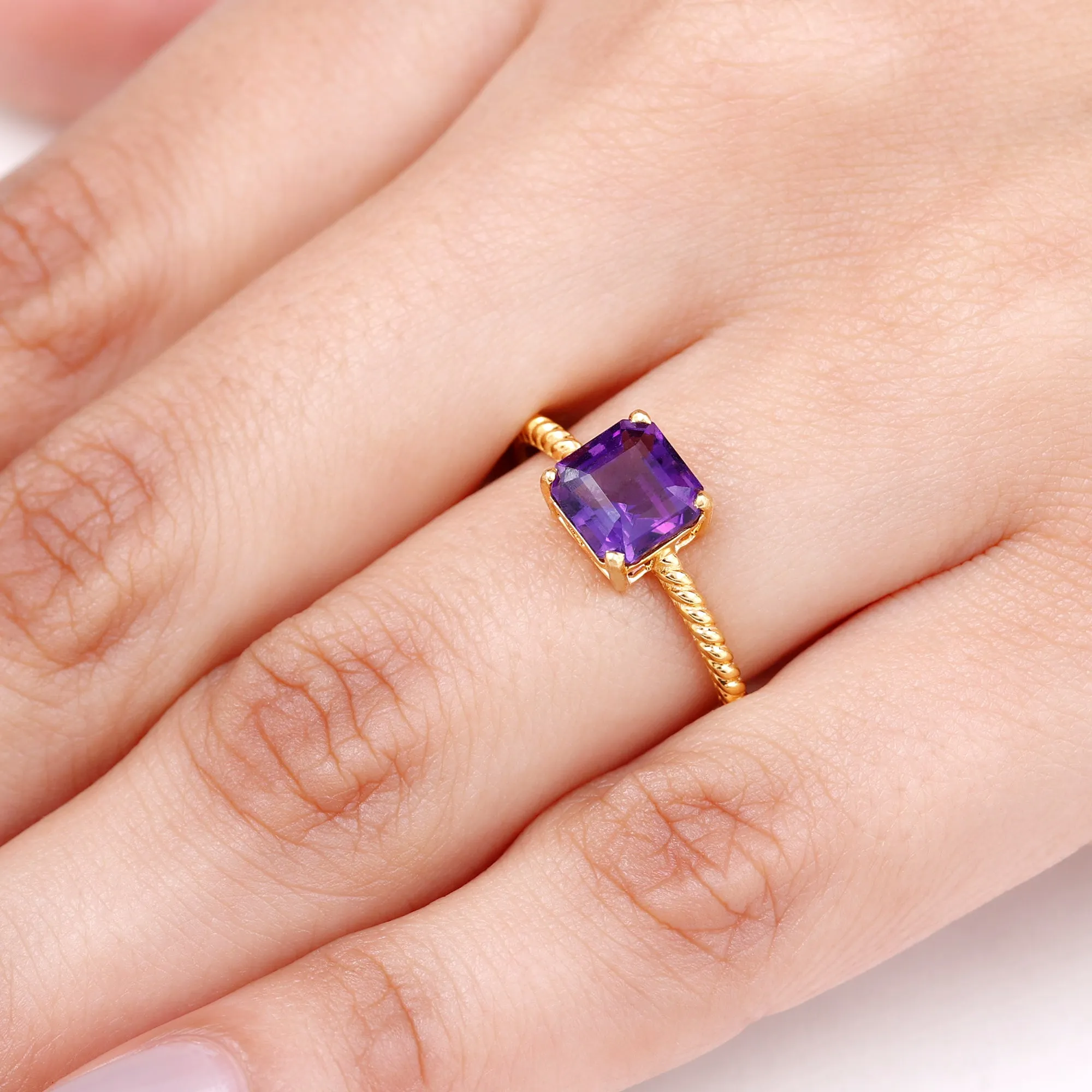 Asscher Cut Amethyst Solitaire Ring with Twisted Rope Details