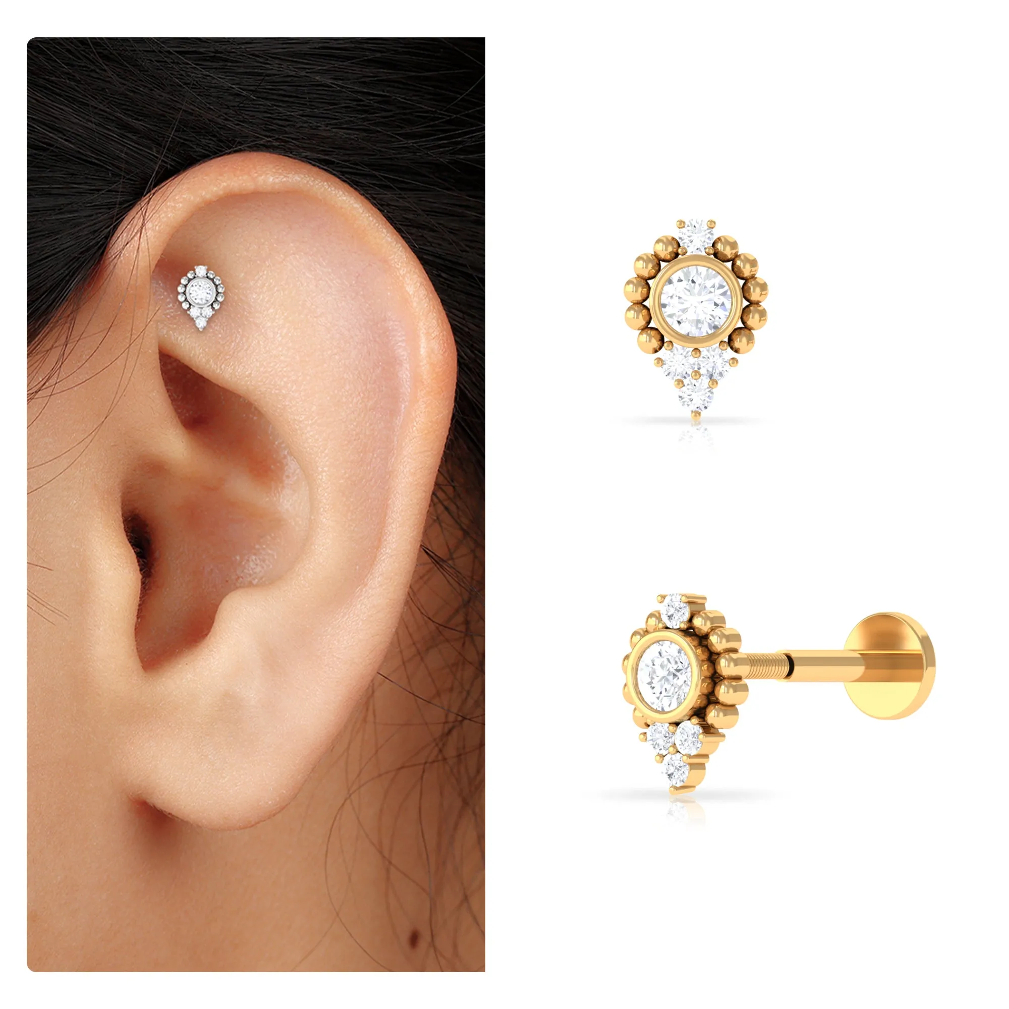 Bezel Set Diamond Minimalist Earring for Tragus Piercing