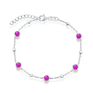 Bezel-Set Ruby CZ & Bead Bracelet in White Gold