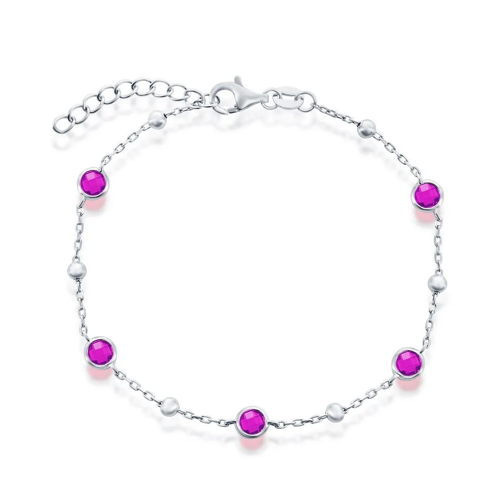 Bezel-Set Ruby CZ & Bead Bracelet in White Gold